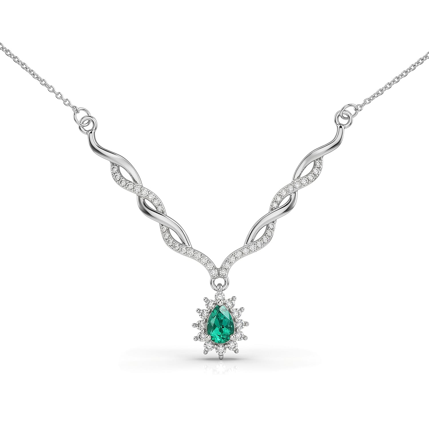 D'Joy - AAA Lab Grown Columbian Emerald & White Zircon Necklace (Size - 20) in Rhodium Overlay Sterling Silver 1.00 Ct.
