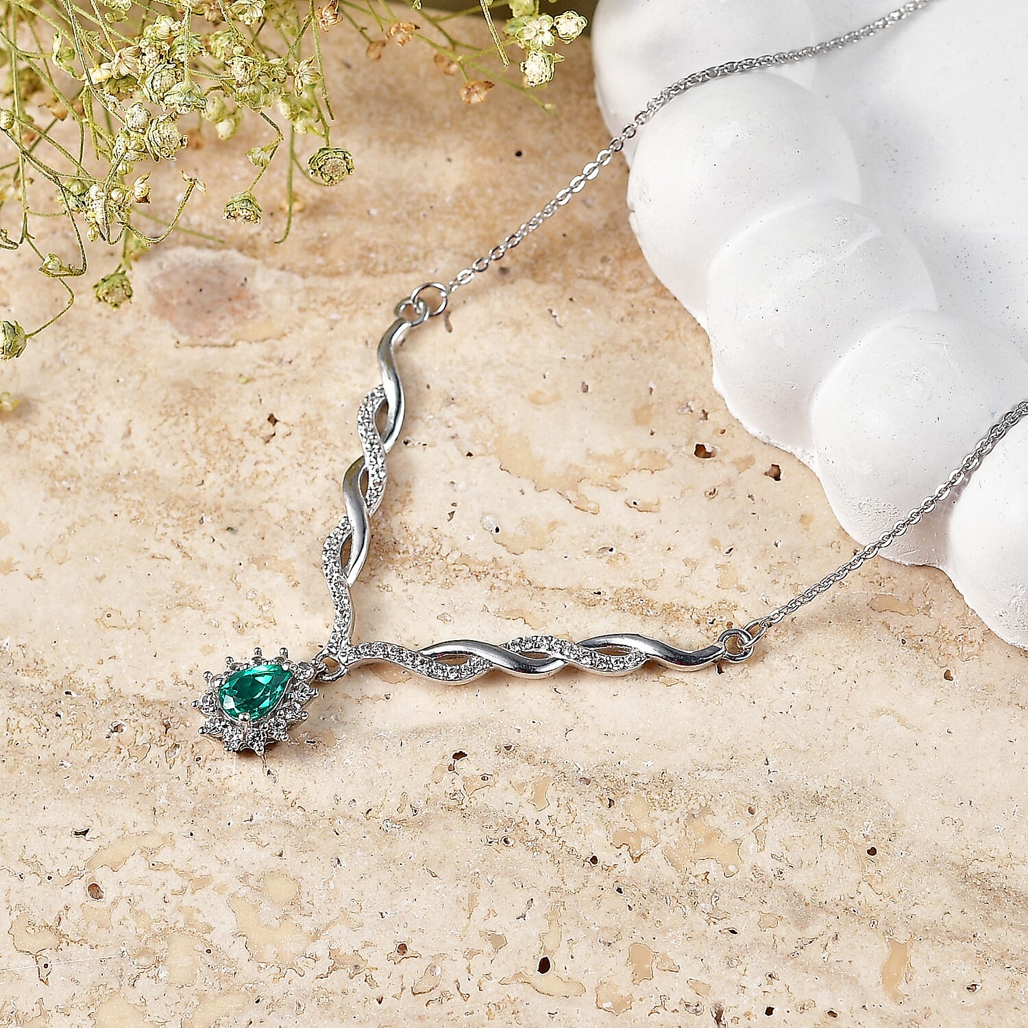 D'Joy - AAA Lab Grown Columbian Emerald & White Zircon Necklace (Size - 20) in Rhodium Overlay Sterling Silver 1.00 Ct.