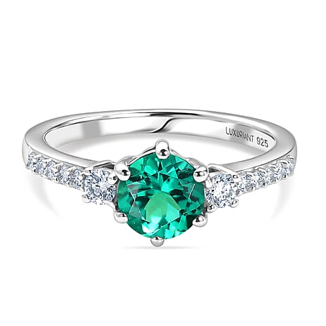 Luxuriant - AAA Lab Grown Columbian Emerald & Lab Grown Diamond (SI-G-H) Ring in Rhodium Overlay Sterling Silver 1.00 Ct.