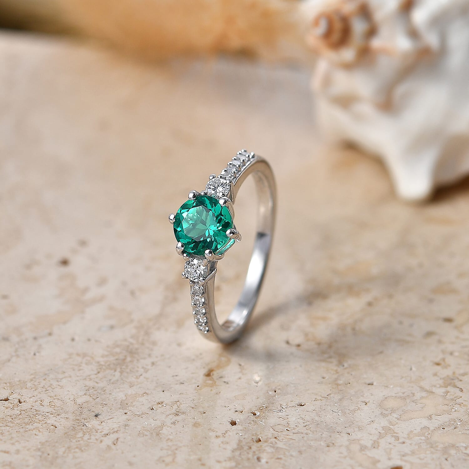 Luxuriant - AAA Lab Grown Columbian Emerald & Lab Grown Diamond (SI-G-H) Ring in Rhodium Overlay Sterling Silver 1.00 Ct.