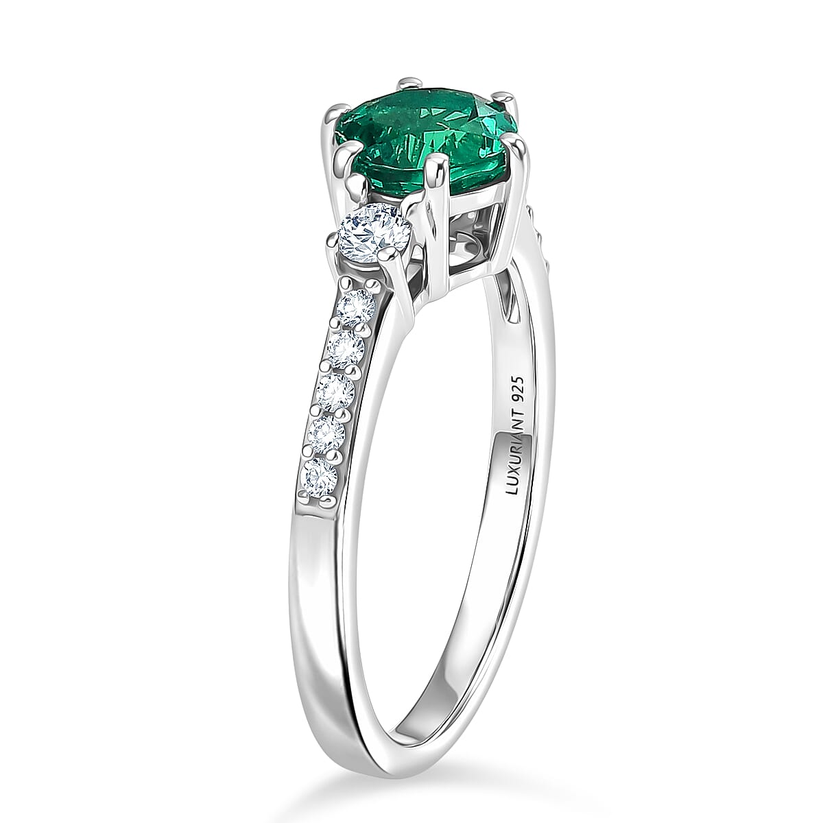 Luxuriant - AAA Lab Grown Columbian Emerald & Lab Grown Diamond (SI-G-H) Ring in Rhodium Overlay Sterling Silver 1.00 Ct.