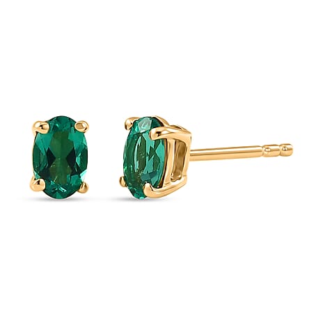 Luxuriant - AAA Lab Grown Columbian Emerald Stud Earring with Push Post in Yellow Gold Plated Sterling Silver