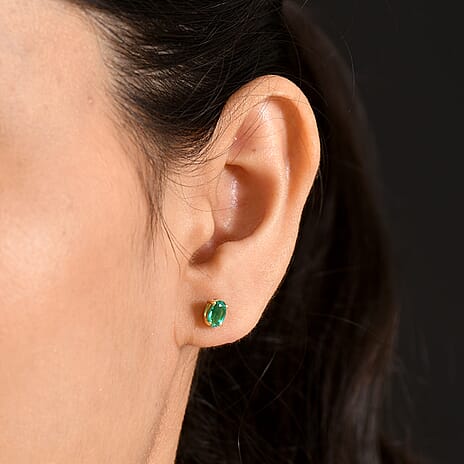 Luxuriant - AAA Lab Grown Columbian Emerald Stud Earring with Push Post in Yellow Gold Plated Sterling Silver
