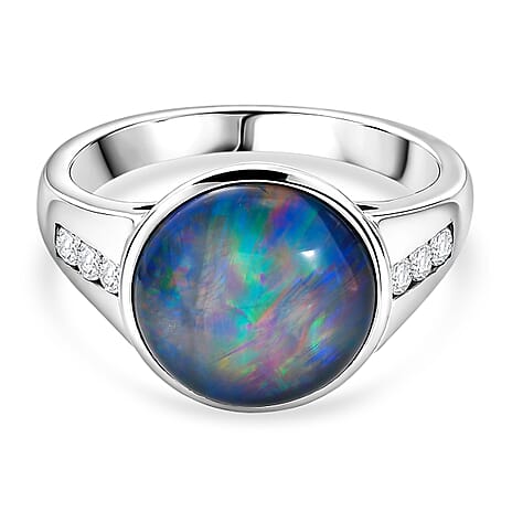 D'Joy - Boulder Opal Triplet & White Zircon Ring in Rhodium Overlay Sterling Silver 3.85 Ct.