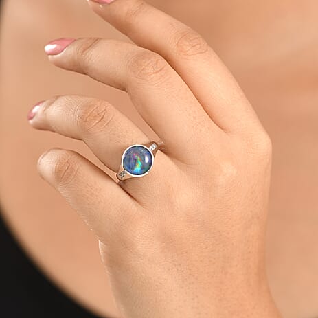 D'Joy - Boulder Opal Triplet & White Zircon Ring in Rhodium Overlay Sterling Silver 3.85 Ct.
