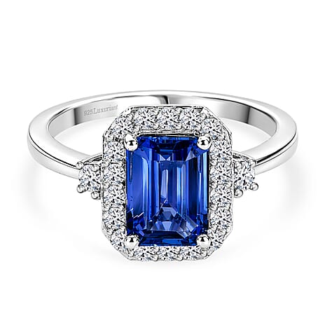 Luxuriant - AAA Tanzanite & Lab Grown Diamond (SI-G-H) Halo Ring in Rhodium Overlay Sterling Silver 1.95 Ct.