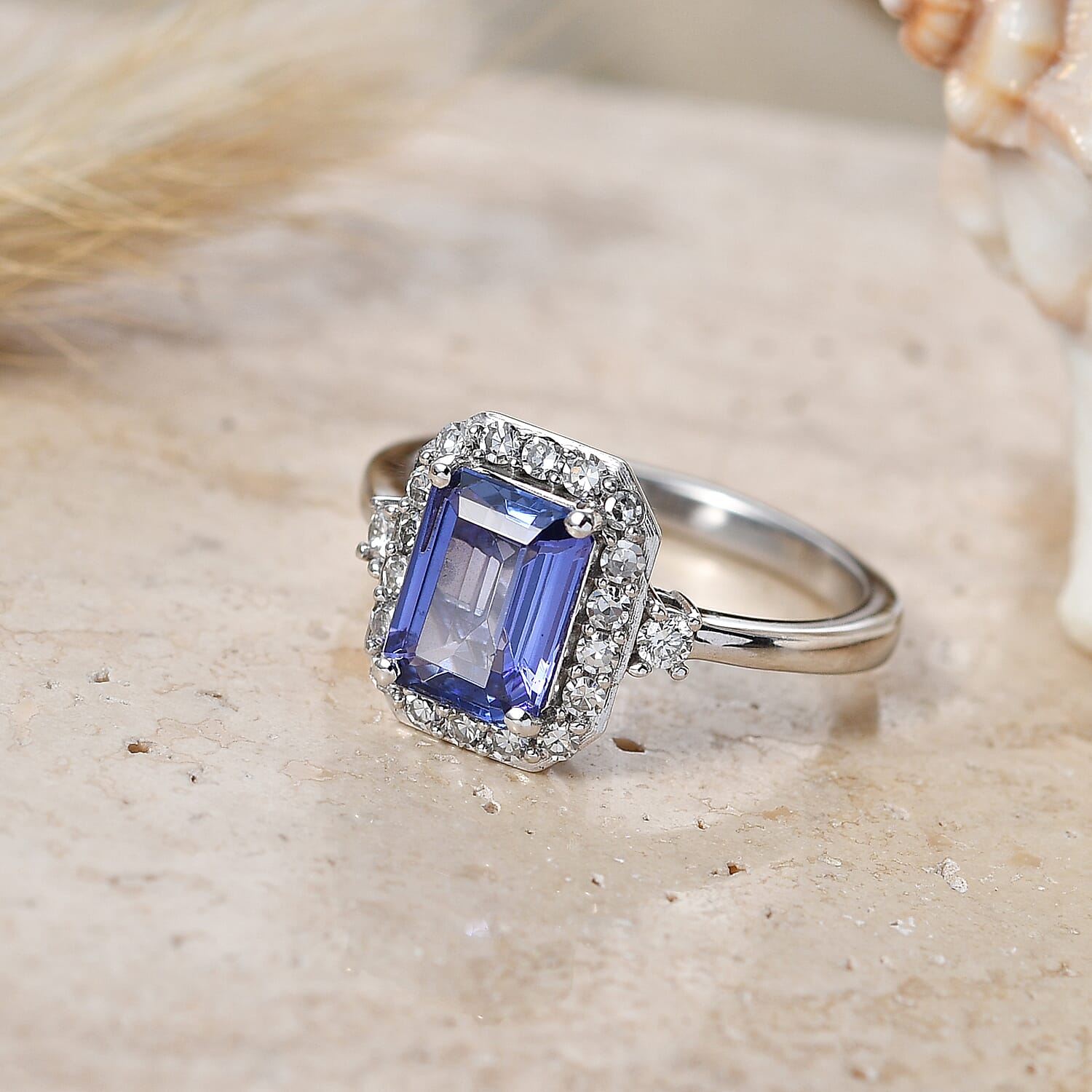 Luxuriant - AAA Tanzanite & Lab Grown Diamond (SI-G-H) Halo Ring in Rhodium Overlay Sterling Silver 1.95 Ct.
