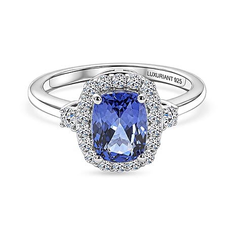 Luxuriant - Tanzanite & Lab Grown Diamond (SI-G-H) Cushion Cut Halo Ring in Rhodium Overlay Sterling Silver 1.90 Ct.