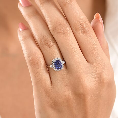 Luxuriant -  AAA Tanzanite & Lab Grown Diamond (SI-G-H) Cushion Cut Halo Ring in Rhodium Overlay Sterling Silver 2.00 Ct.