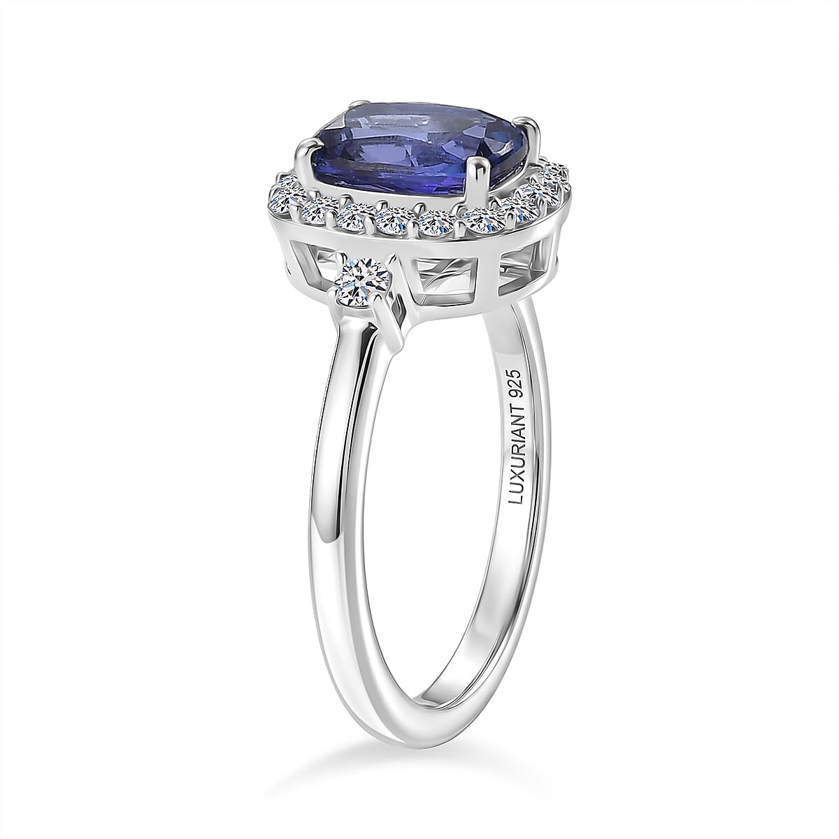 Luxuriant - Tanzanite & Lab Grown Diamond (SI-G-H) Cushion Cut Halo Ring in Rhodium Overlay Sterling Silver 1.90 Ct.