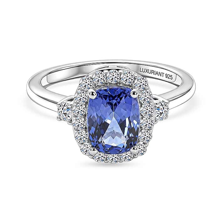 Luxuriant - AAA Tanzanite & Lab Grown Diamond (SI-G-H) Cushion Cut Halo Ring in Rhodium Overlay Sterling Silver 2.00 Ct.