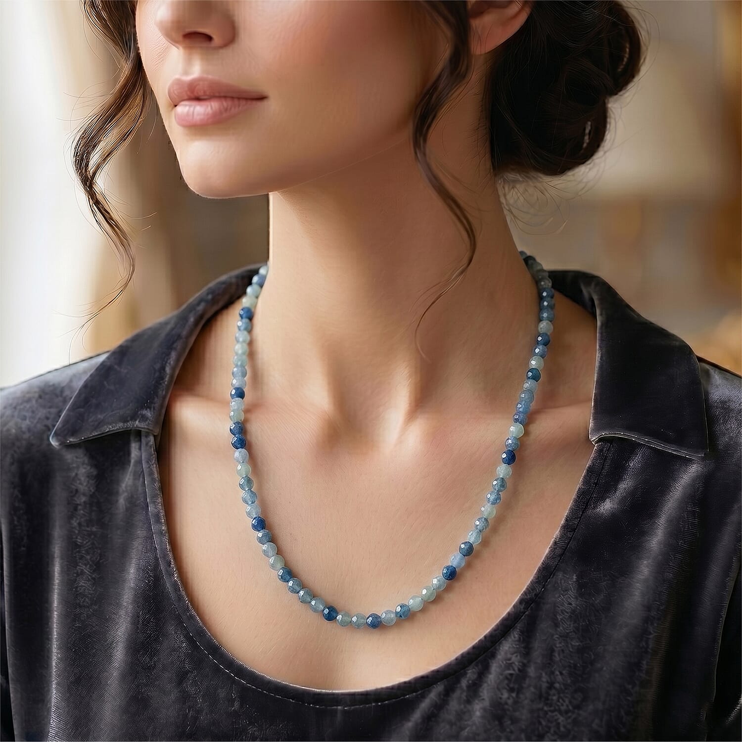 Kyanite Adjustable Beads Necklace (Size - 18-2 Ext) with Clasp in Silver Tone 25.00 Ct.