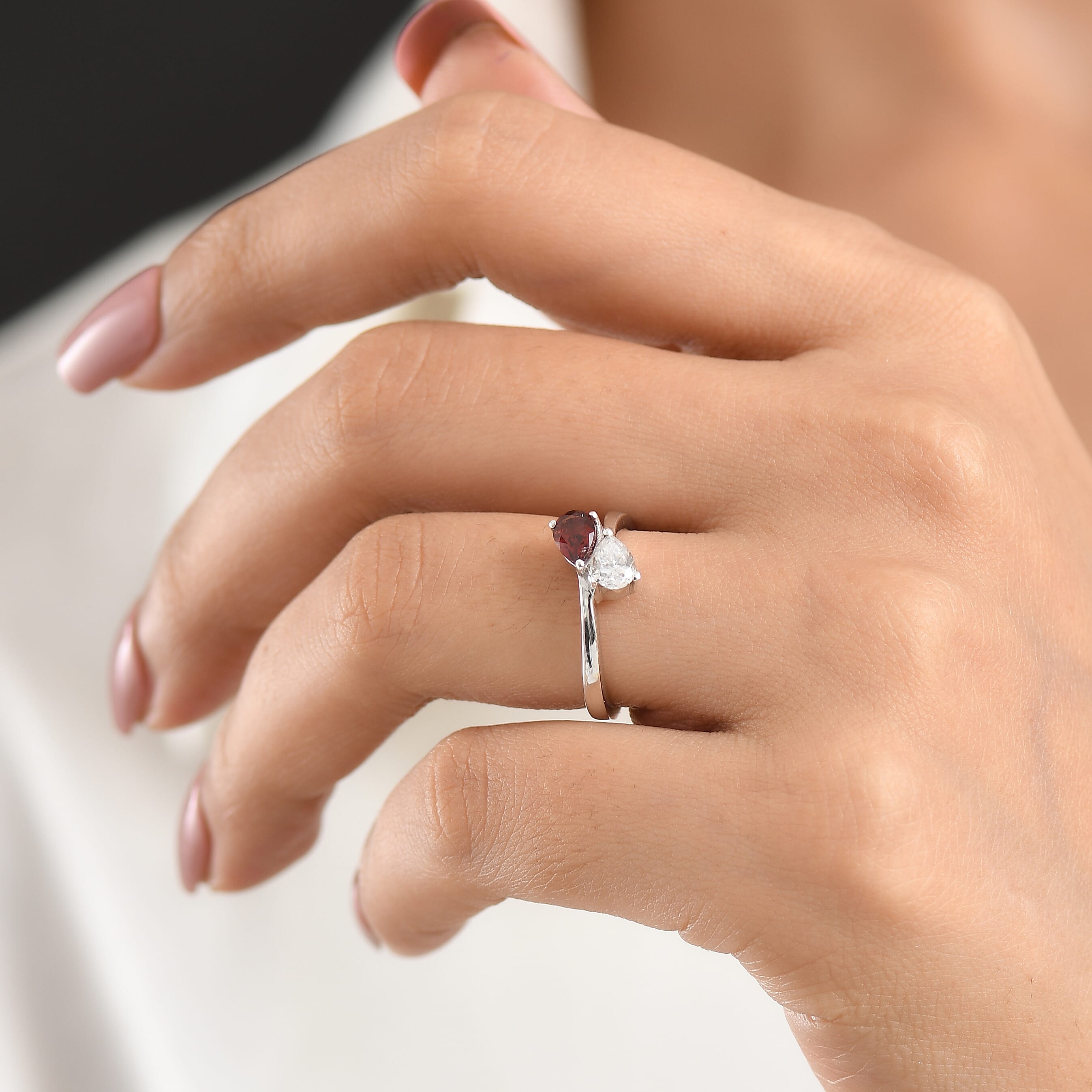 Royal Bali Collection - D'Joy Red Garnet & Moissanite Toi-et-Moi Ring in 18K Vermeil Yellow Gold Plated Sterling Silver