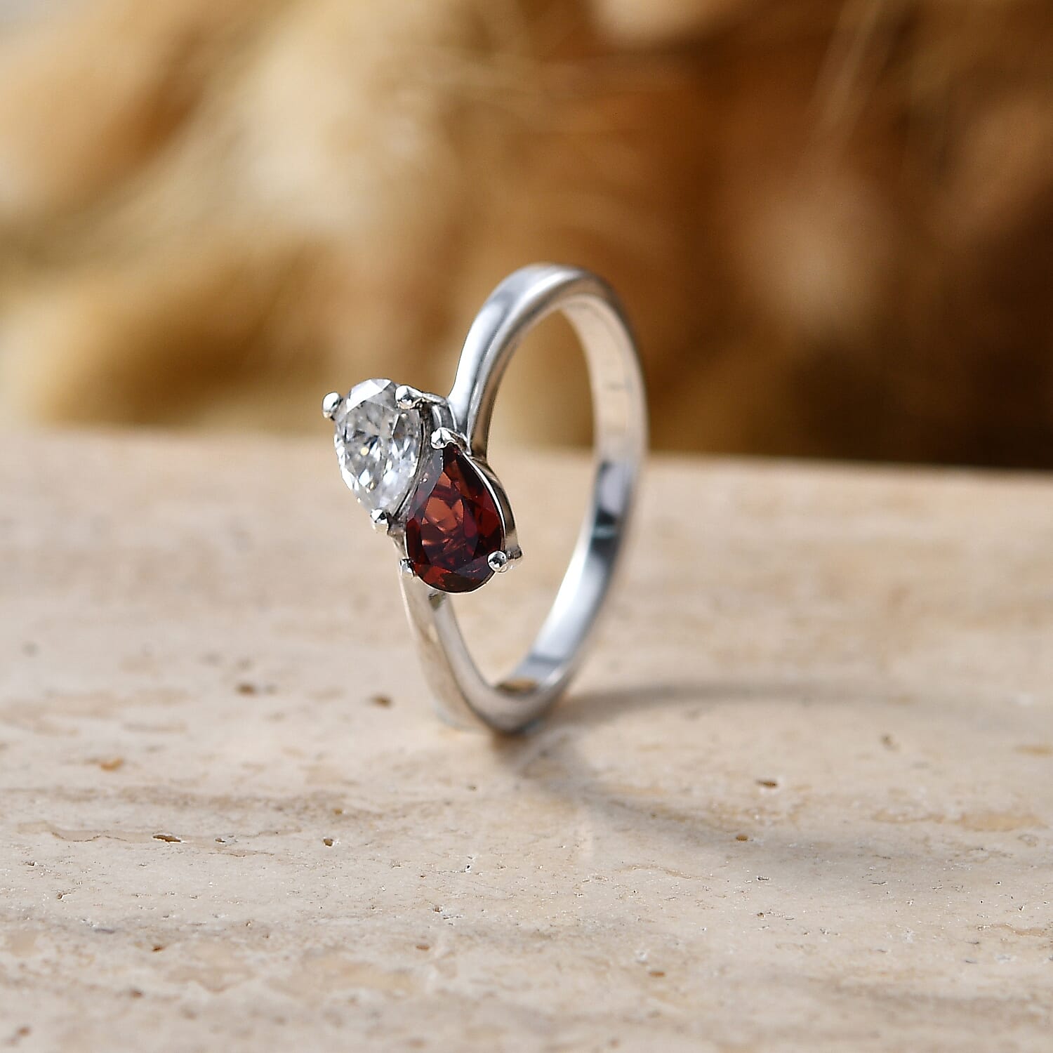Royal Bali Collection - D'Joy Red Garnet & Moissanite Toi-et-Moi Ring in 18K Vermeil Yellow Gold Plated Sterling Silver