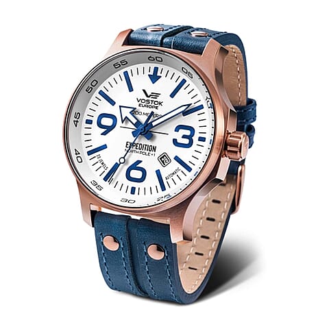 VOSTOK EUROPE Expedition North Pole Epson YN55 Automatic Movt. 20ATM WR White Dial - Rose Case Mens Watch with Blue Leather Strap YN55-595B641