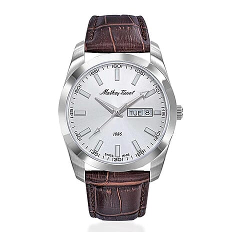 MATHEY TISSOT I Day-Date Swiss Ronda 517 Quartz Movt. 5ATM WR Silver Dial - Silver Case Mens Watch with Brown Leather Strap H453ALS