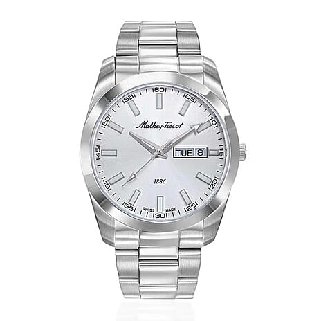 MATHEY TISSOT I Day-Date Swiss Ronda 517 Quartz Movt. 5ATM WR Silver Dial - Silver Case Mens Watch with Silver Stainless Steel Strap H453AS