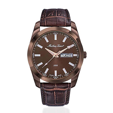 MATHEY TISSOT I Day-Date Swiss Ronda 517 Quartz Movt. 5ATM WR Brown Dial - Brown Case Mens Watch with Brown Leather Strap H453MLM