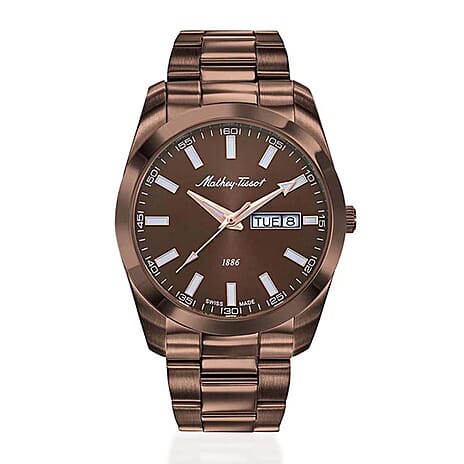 MATHEY TISSOT I Day-Date Swiss Ronda 517 Quartz Movt. 5ATM WR Brown Dial - Brown Case Mens Watch with Brown Stainless Steel Strap