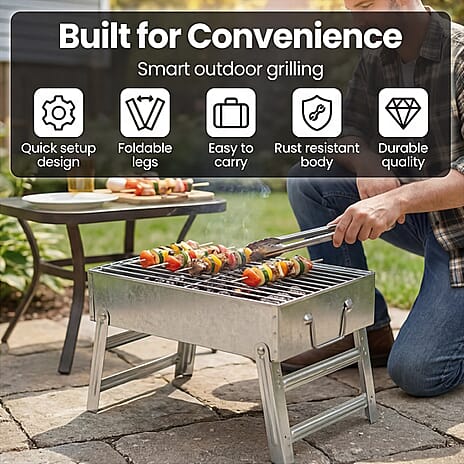 Portable Folding Outdoor Charcoal BBQ Grill - Silver