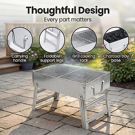 Portable Folding Outdoor Charcoal BBQ Grill - Silver