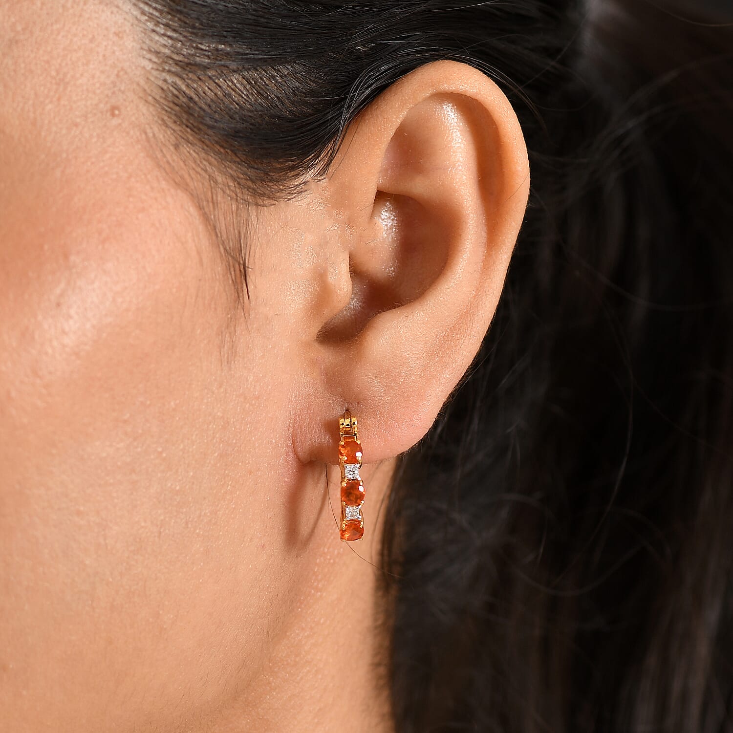 D'Joy - Fire Opal & Moissanite Full Hoop Earring with Clasp in Yellow Gold Plated Sterling Silver