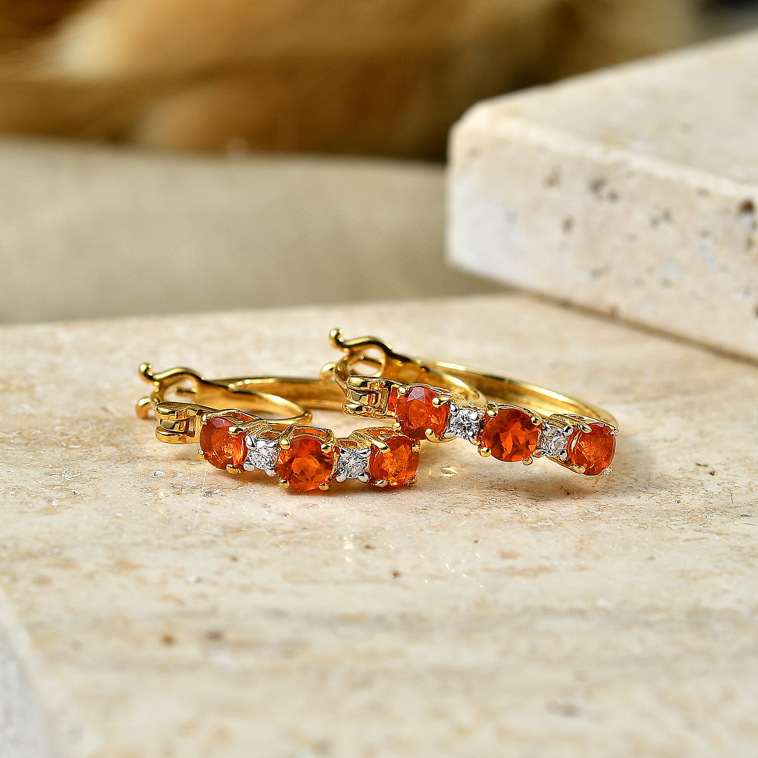 D'Joy - Fire Opal & Moissanite Full Hoop Earring with Clasp in Yellow Gold Plated Sterling Silver