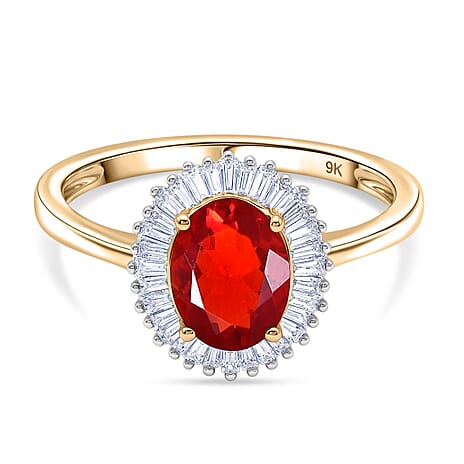 9K Yellow Gold AAA Fire Opal, White Diamond I3 Main Stone With Surrounding Stone Ring, Gold Wt.2.11 Gms  1.089  Ct.