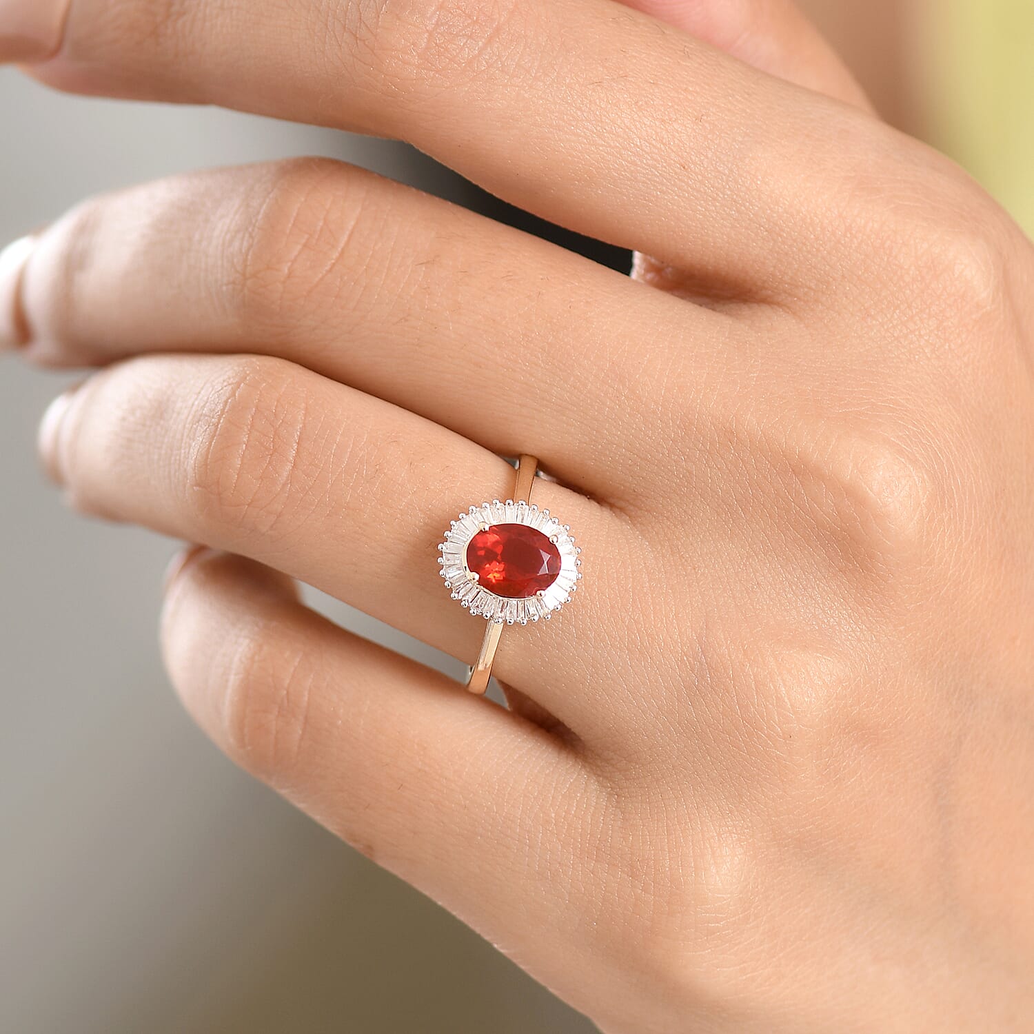 9K Yellow Gold AAA Fire Opal, White Diamond I3 Main Stone With Surrounding Stone Ring, Gold Wt.2.11 Gms  1.089  Ct.