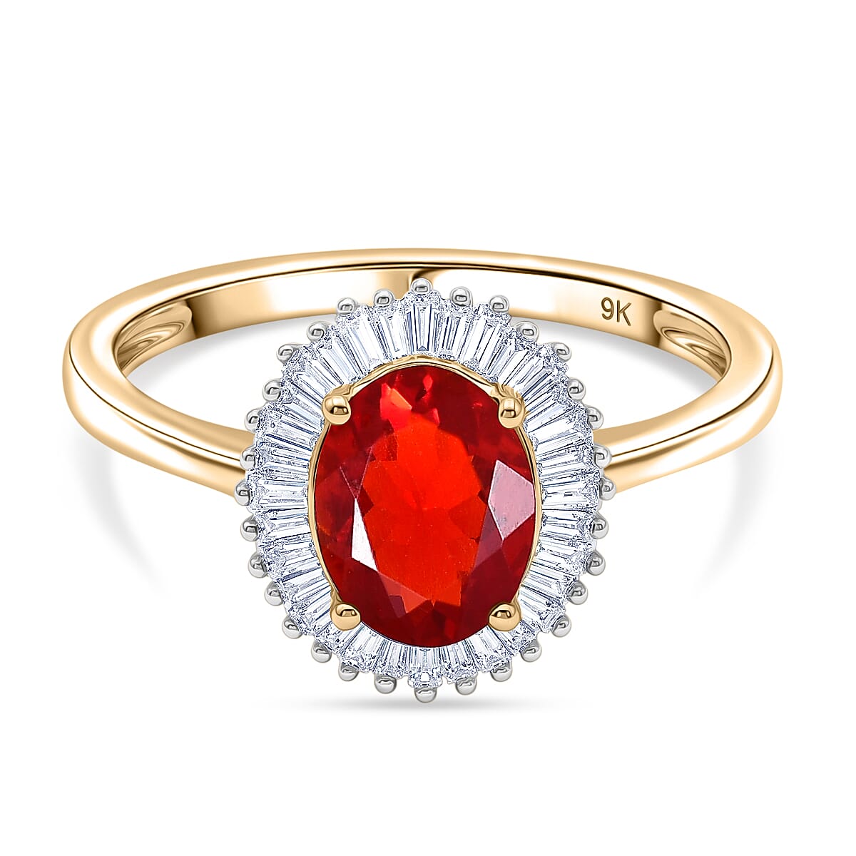 9K Yellow Gold AAA Fire Opal & White Diamond Halo Ring 1.17 Ct.