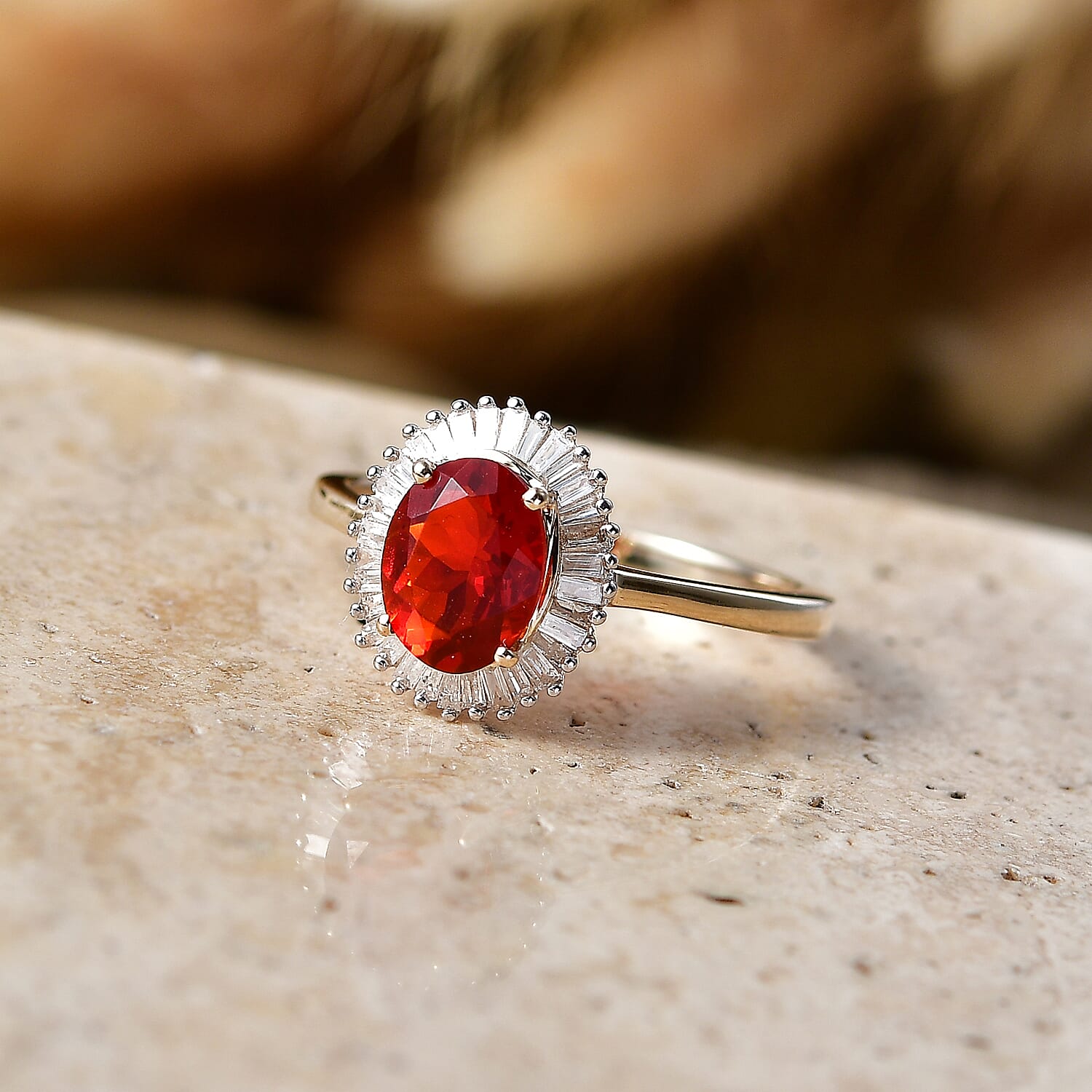 9K Yellow Gold AAA Fire Opal & White Diamond Halo Ring 1.17 Ct.