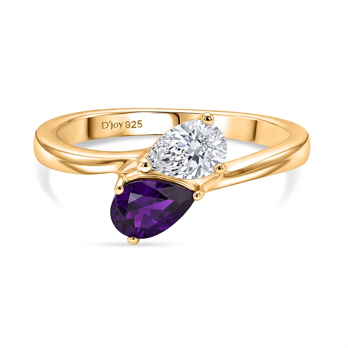 Royal Bali Collection - D'Joy African Amethyst & Moissanite Toi-et-Moi Ring in 18K Vermeil Yellow Gold Plated Sterling Silver