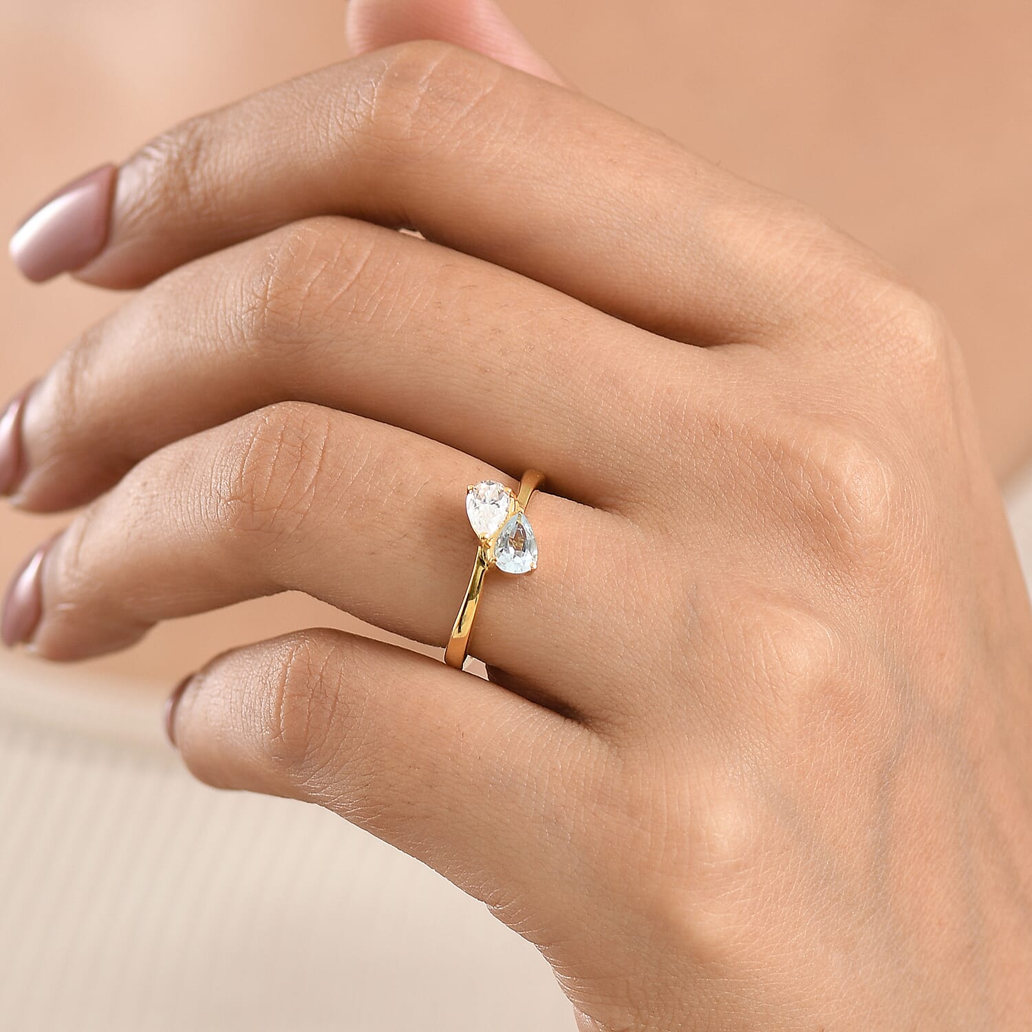Royal Bali Collection - D'Joy Aquamarine & Moissanite Toi-et-Moi Ring in 18K Vermeil Yellow Gold Plated Sterling Silver