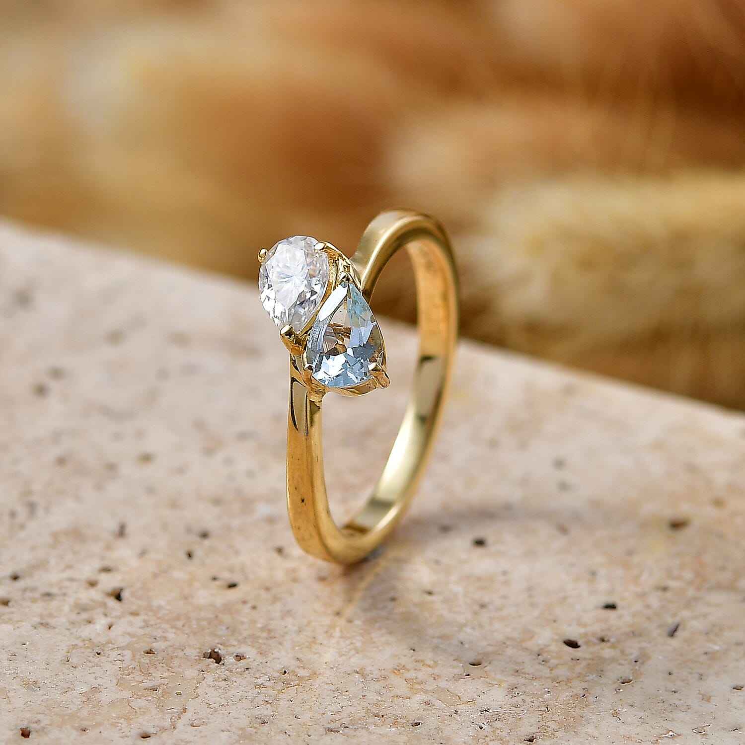 Royal Bali Collection - D'Joy Aquamarine & Moissanite Toi-et-Moi Ring in 18K Vermeil Yellow Gold Plated Sterling Silver