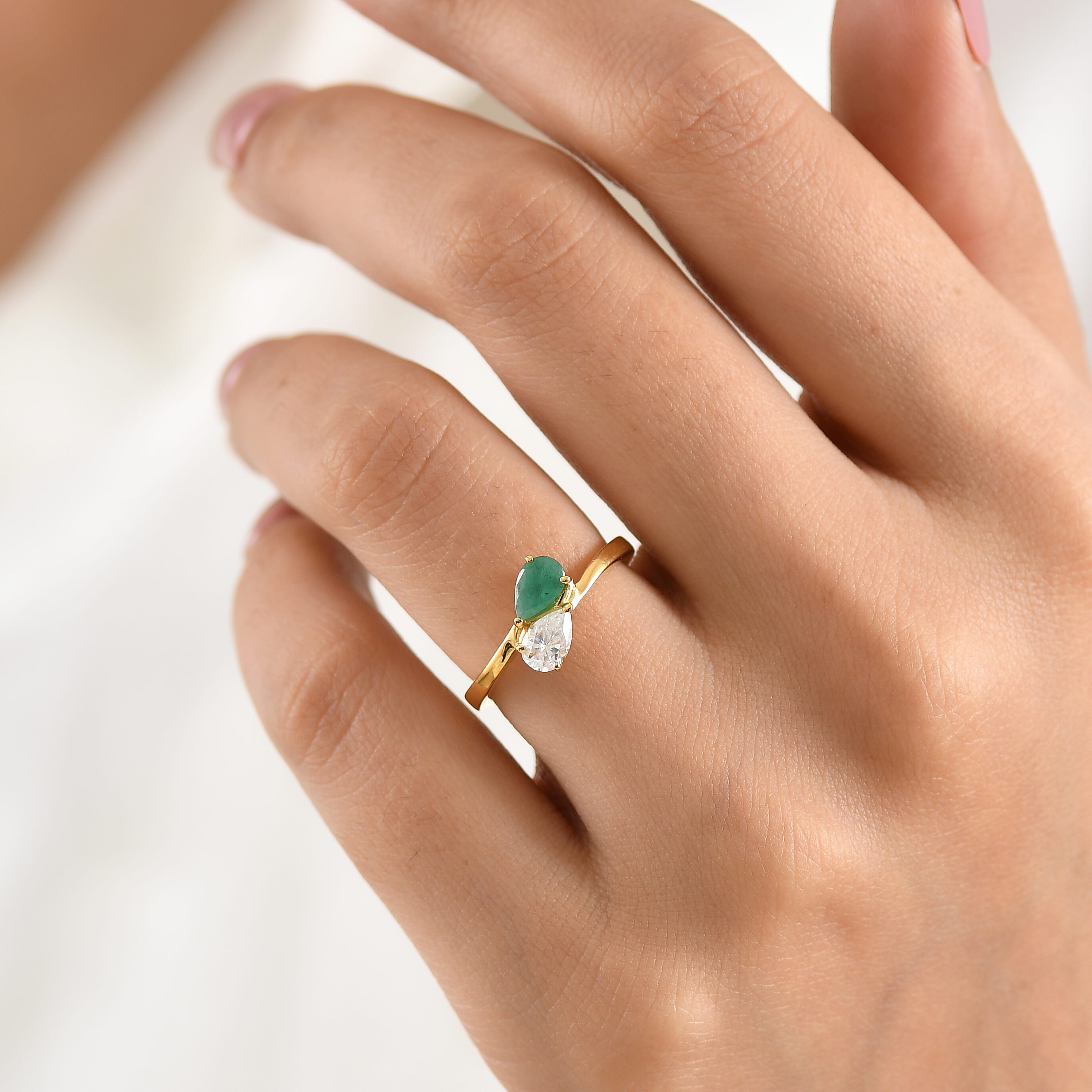 Royal Bali Collection - D'Joy Socoto Emerald & Moissanite Toi-et-Moi Ring in 18K Vermeil Yellow Gold Plated Sterling Silver