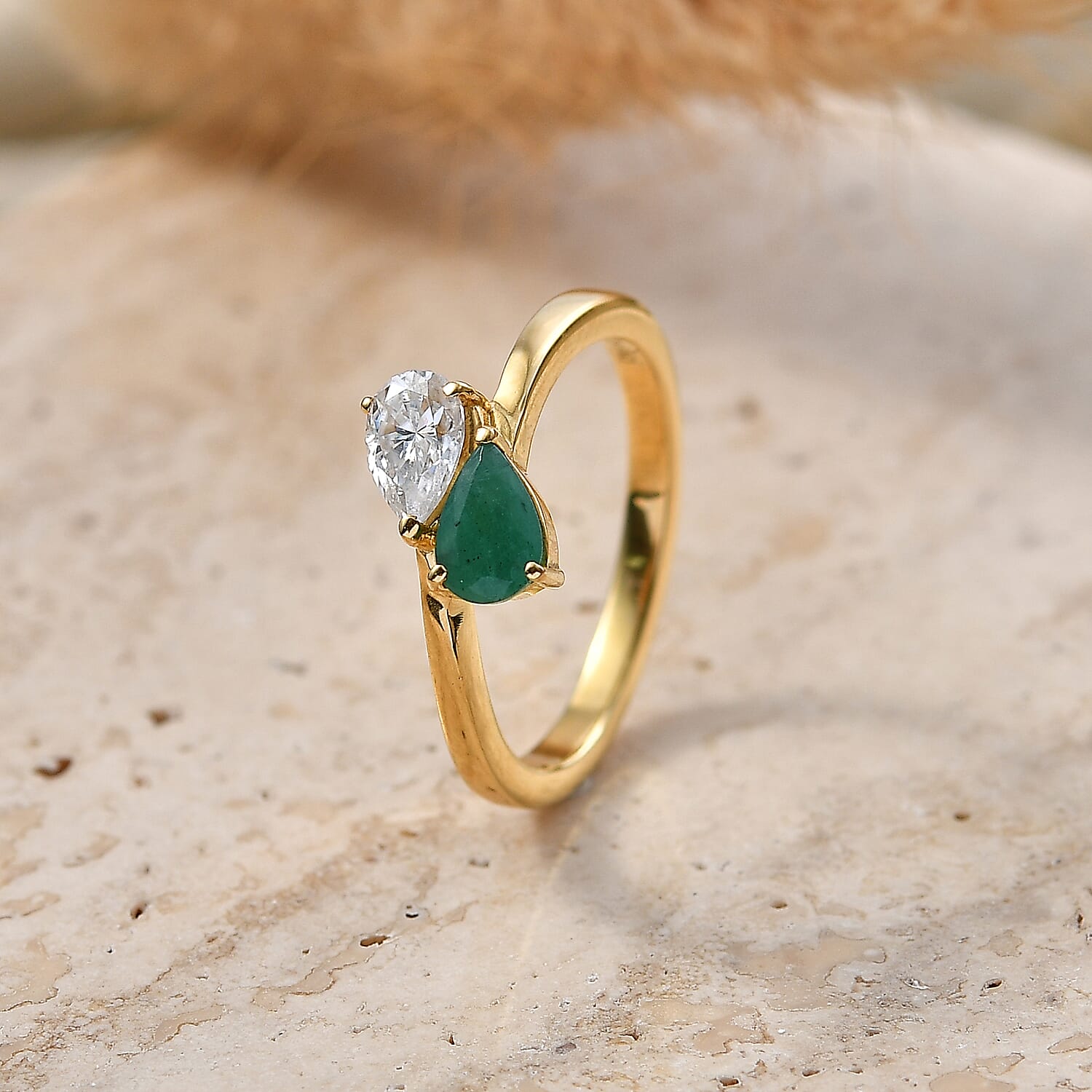 Royal Bali Collection - D'Joy Socoto Emerald & Moissanite Toi-et-Moi Ring in 18K Vermeil Yellow Gold Plated Sterling Silver