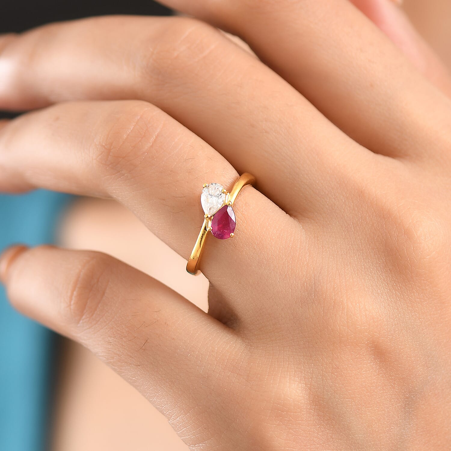 Royal Bali Collection - D'Joy African Ruby & Moissanite Toi-et-Moi Ring in 18K Vermeil Yellow Gold Plated Sterling Silver 1.00 Ct.