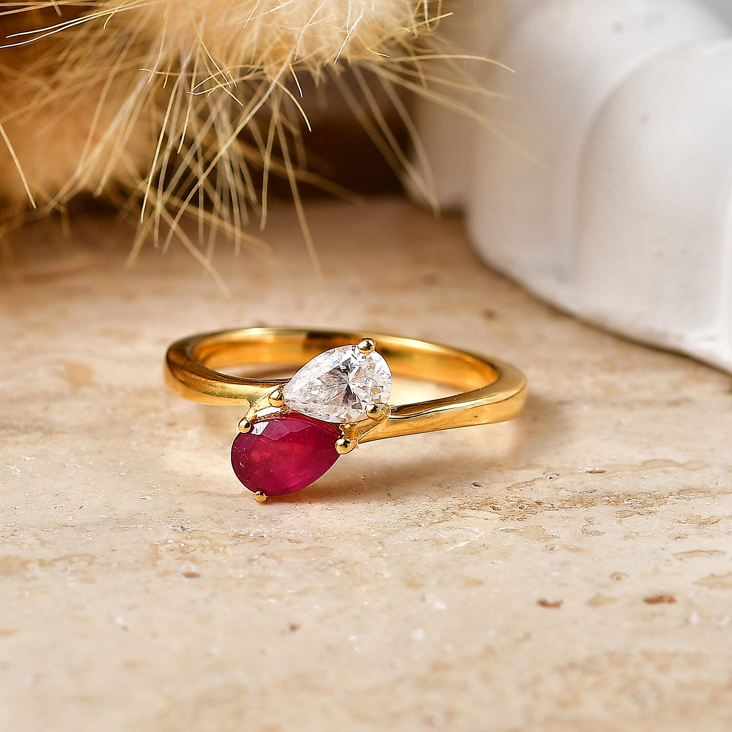 Royal Bali Collection - D'Joy African Ruby & Moissanite Toi-et-Moi Ring in 18K Vermeil Yellow Gold Plated Sterling Silver 1.00 Ct.