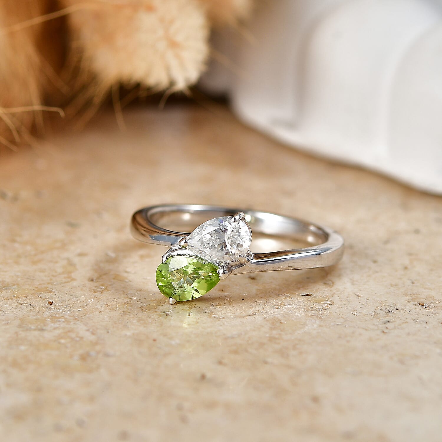 Royal Bali Collection - D'Joy Peridot & Moissanite Toi-et-Moi Ring in Rhodium Overlay Sterling Silver