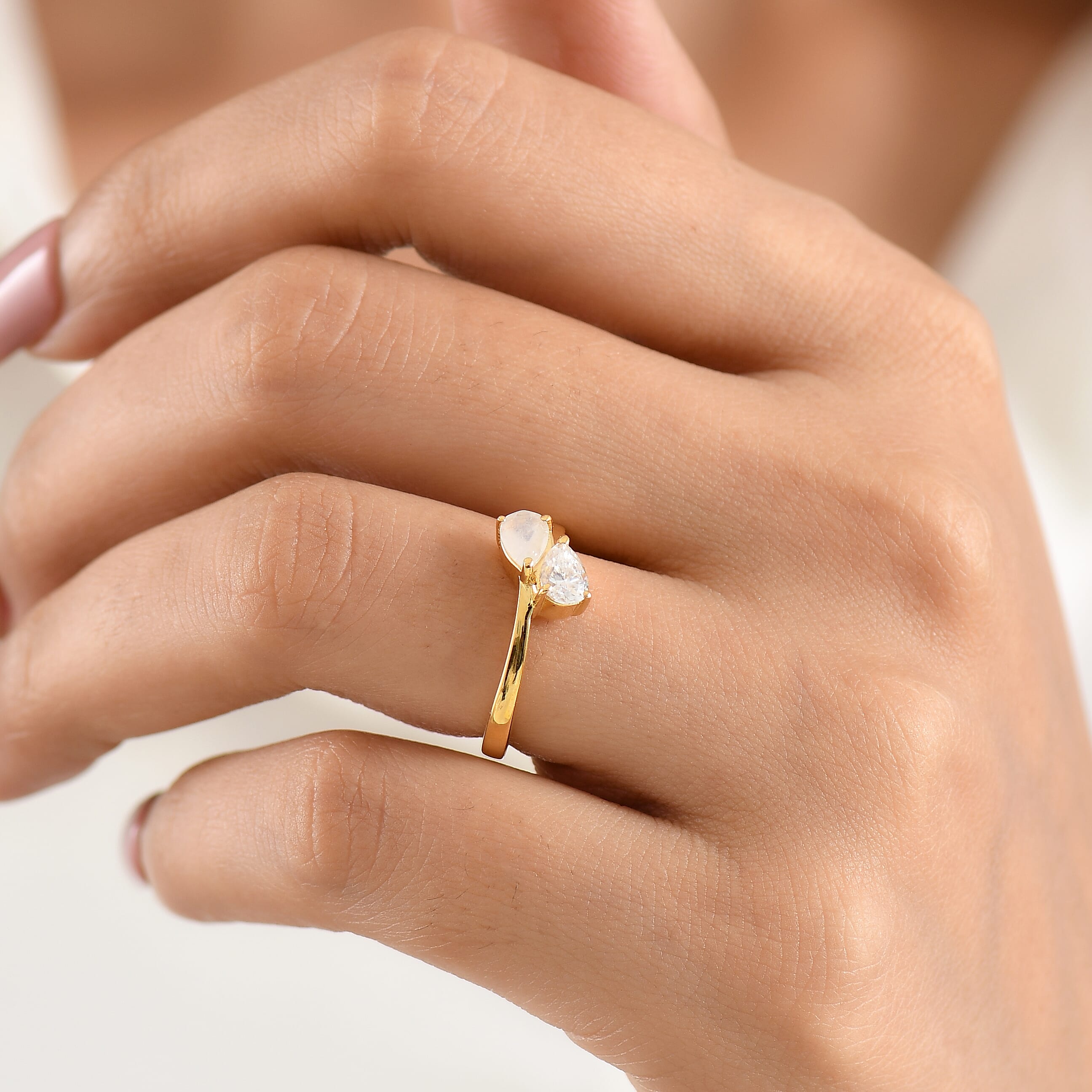 Royal Bali Collection - D'Joy Moon Glow Stone & Moissanite Toi-et-Moi Ring in 18K Vermeil Yellow Gold Plated Sterling Silver