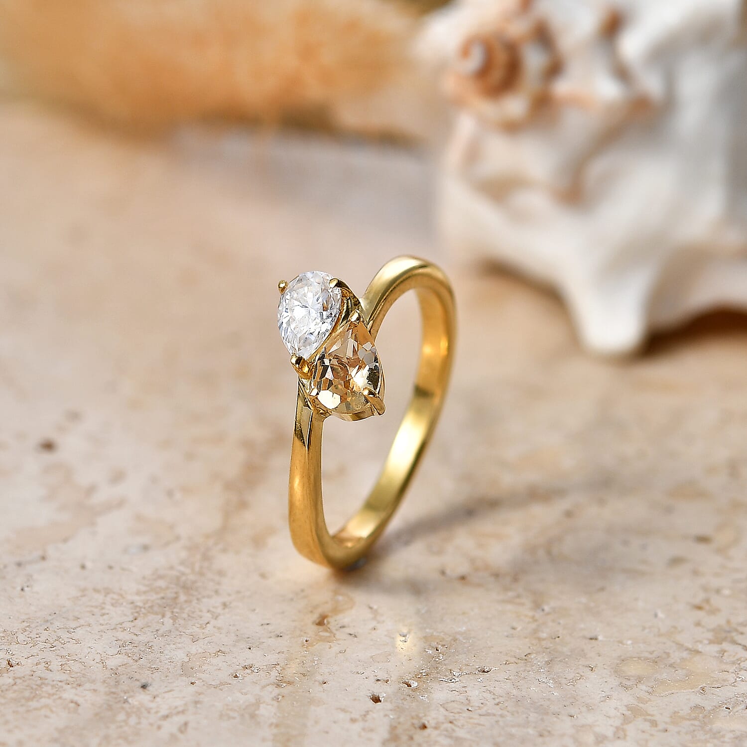 Royal Bali Collection - D'Joy Citrine & Moissanite Toi-et-Moi Ring in 18K Vermeil Yellow Gold Plated Sterling Silver