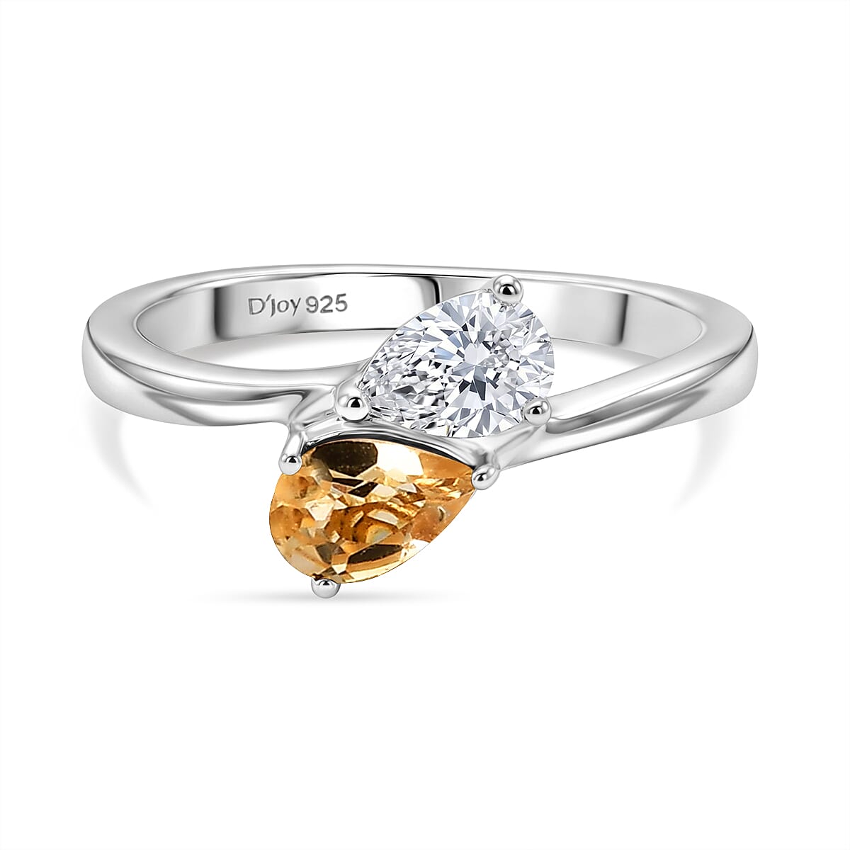 Royal Bali Collection - D'Joy Citrine & Moissanite Toi-et-Moi Ring in Rhodium Overlay Sterling Silver
