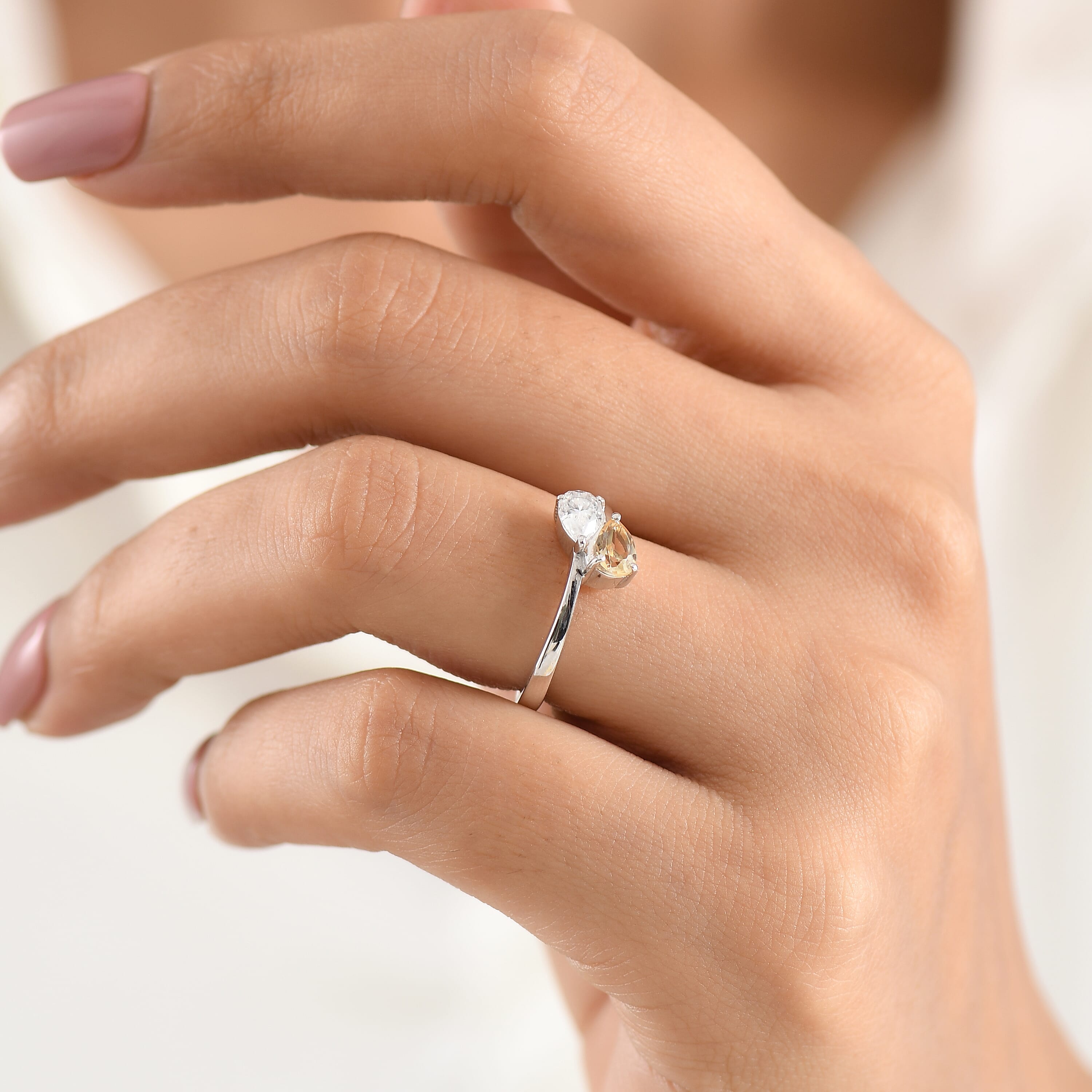 Royal Bali Collection - D'Joy Citrine & Moissanite Toi-et-Moi Ring in Rhodium Overlay Sterling Silver