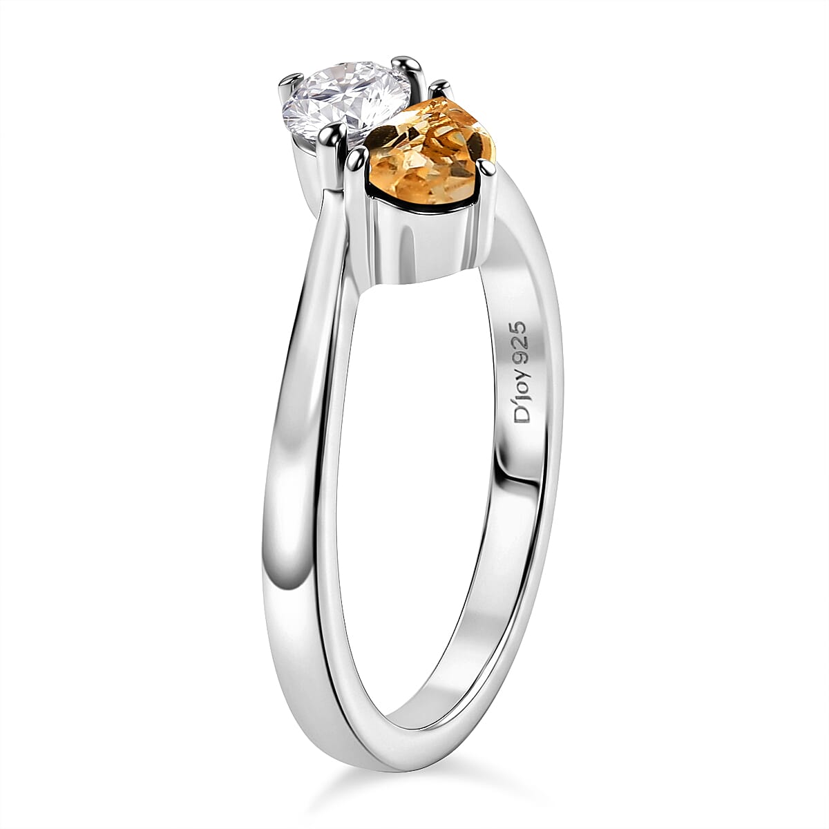 Royal Bali Collection - D'Joy Citrine & Moissanite Toi-et-Moi Ring in Rhodium Overlay Sterling Silver