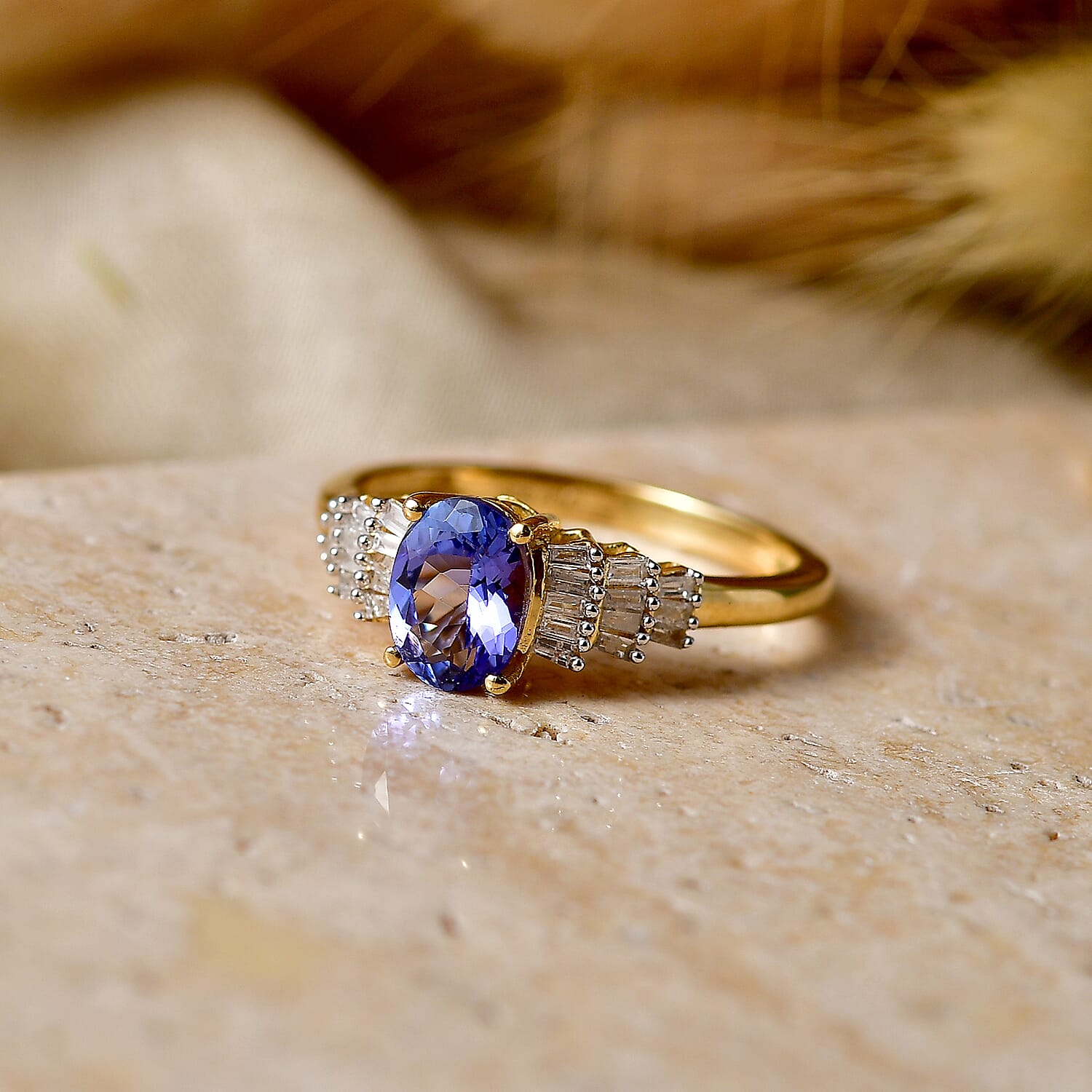D'Joy - Tanzanite & White Diamond Ring in 18K Vermeil Yellow Gold Plated Sterling Silver