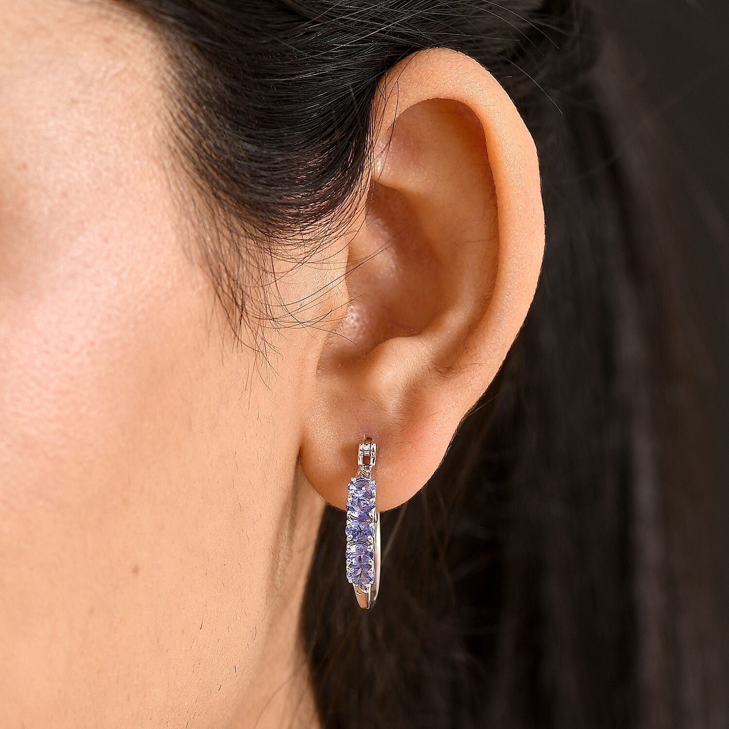 D'Joy - Tanzanite Hoop Earring with Clasp in Rhodium Overlay Sterling Silver 2.00 Ct.