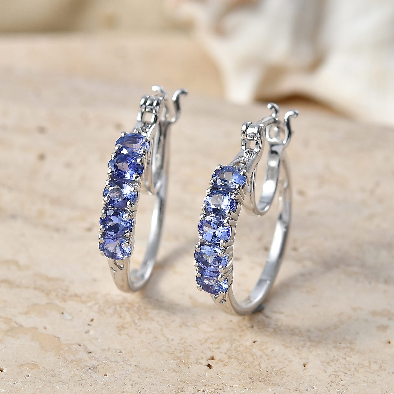 D'Joy - Tanzanite Hoop Earring with Clasp in Rhodium Overlay Sterling Silver 2.00 Ct.