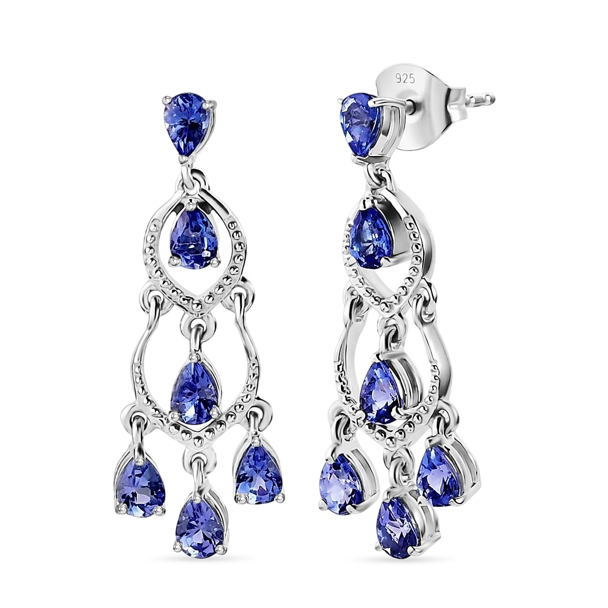 D'Joy - Tanzanite Dangling Earring with Push Back in Rhodium Overlay Sterling Silver 2.04 Ct.