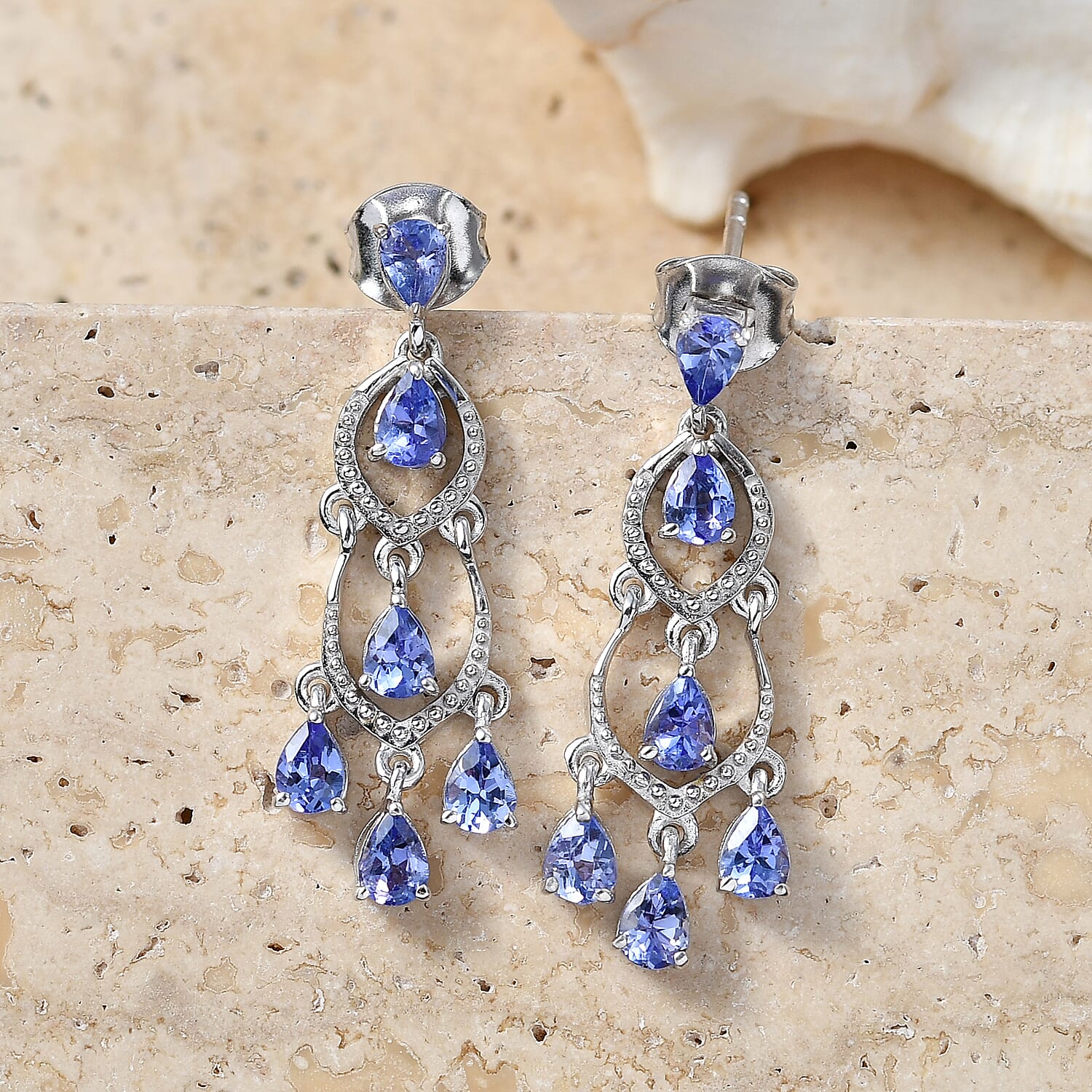 D'Joy - Tanzanite Dangling Earring with Push Back in Rhodium Overlay Sterling Silver 2.04 Ct.