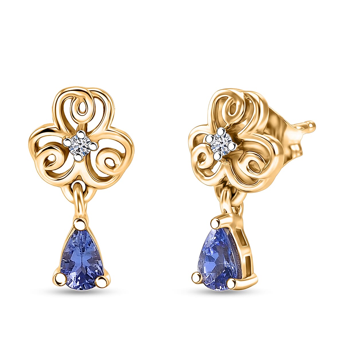Luxuriant - Tanzanite & Lab Grown Diamond (SI-G-H) Floral Drop Earring with Push Post in Yellow Gold Plated Sterling Silver